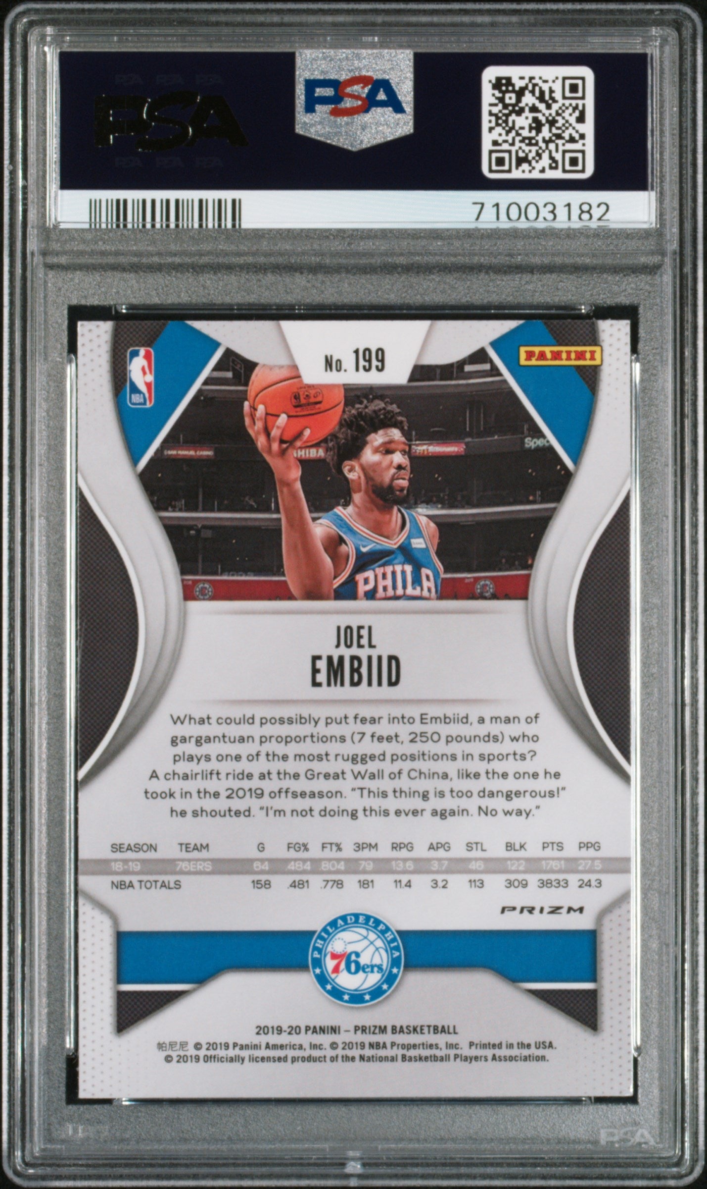 2019 Panini Prizm Joel Embiid Choice Prizm Blue Yellow Green #199 PSA 9