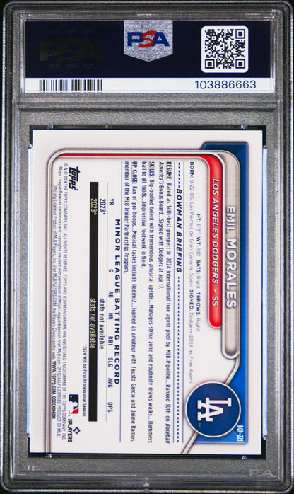 2024 Bowman Mega Chrome Prospects Emil Morales Purple Refractor /250 #221 PSA 9