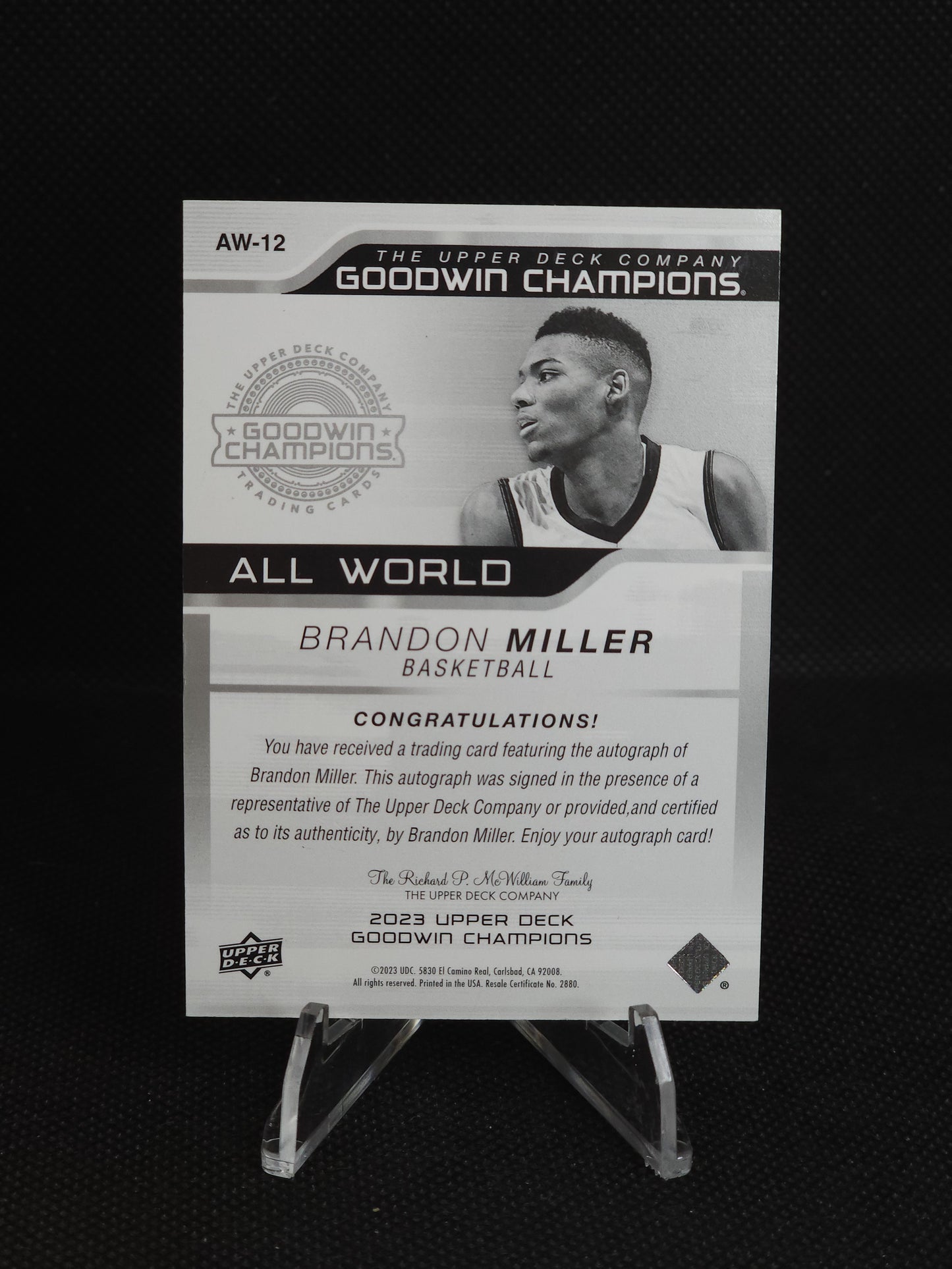 2023 Upper Deck Goodwin Champions Brandon Miller All World Auto #AW-12