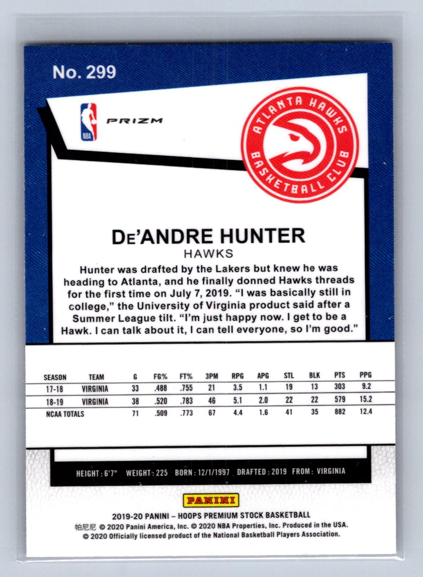2019-20 Panini Hoops Premium Stock Tribute De'Andre Hunter Purple Disco #299