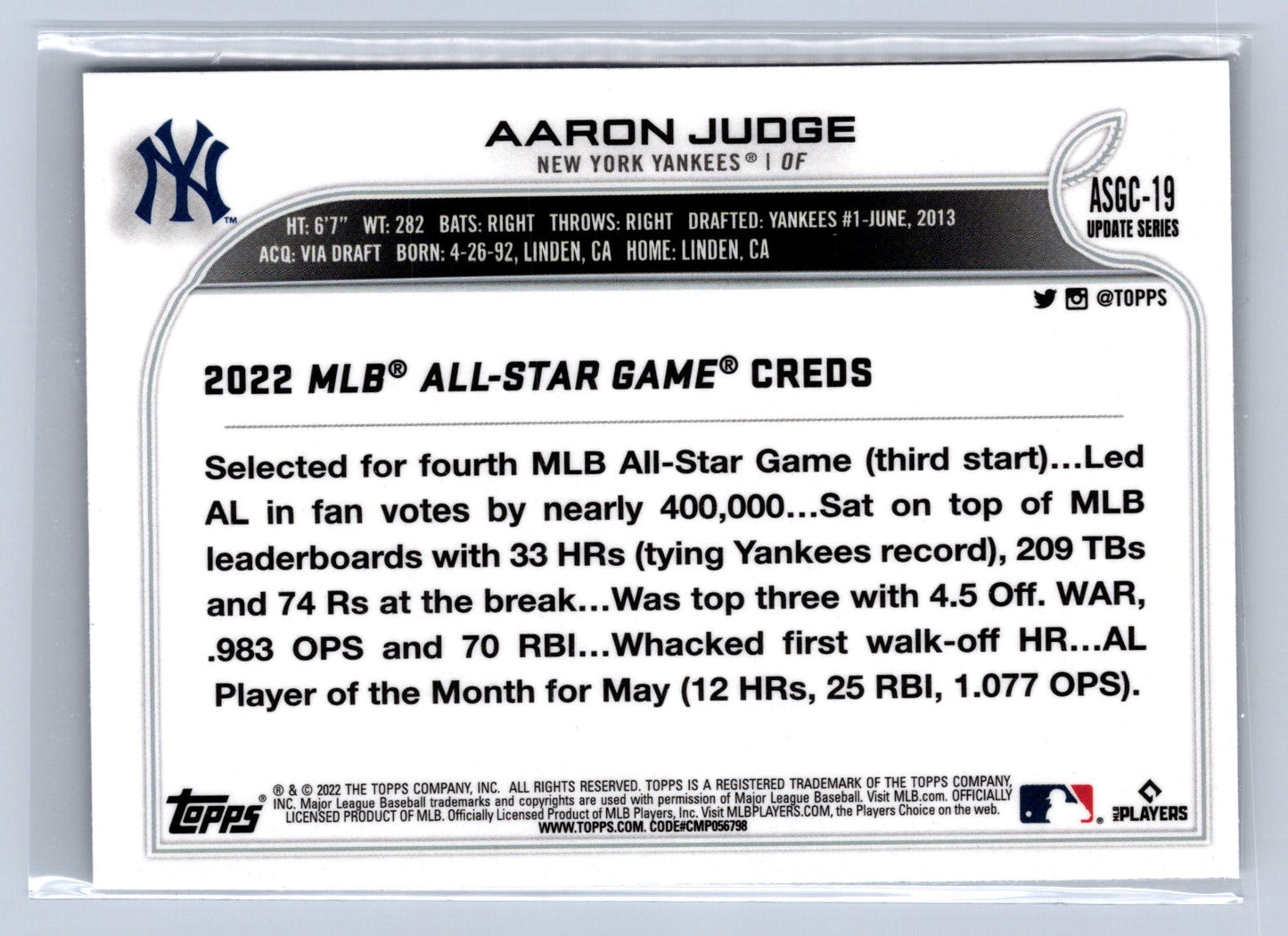 2022 Topps Chrome All-Star Game Aaron Judge Refractor #ASGC-19