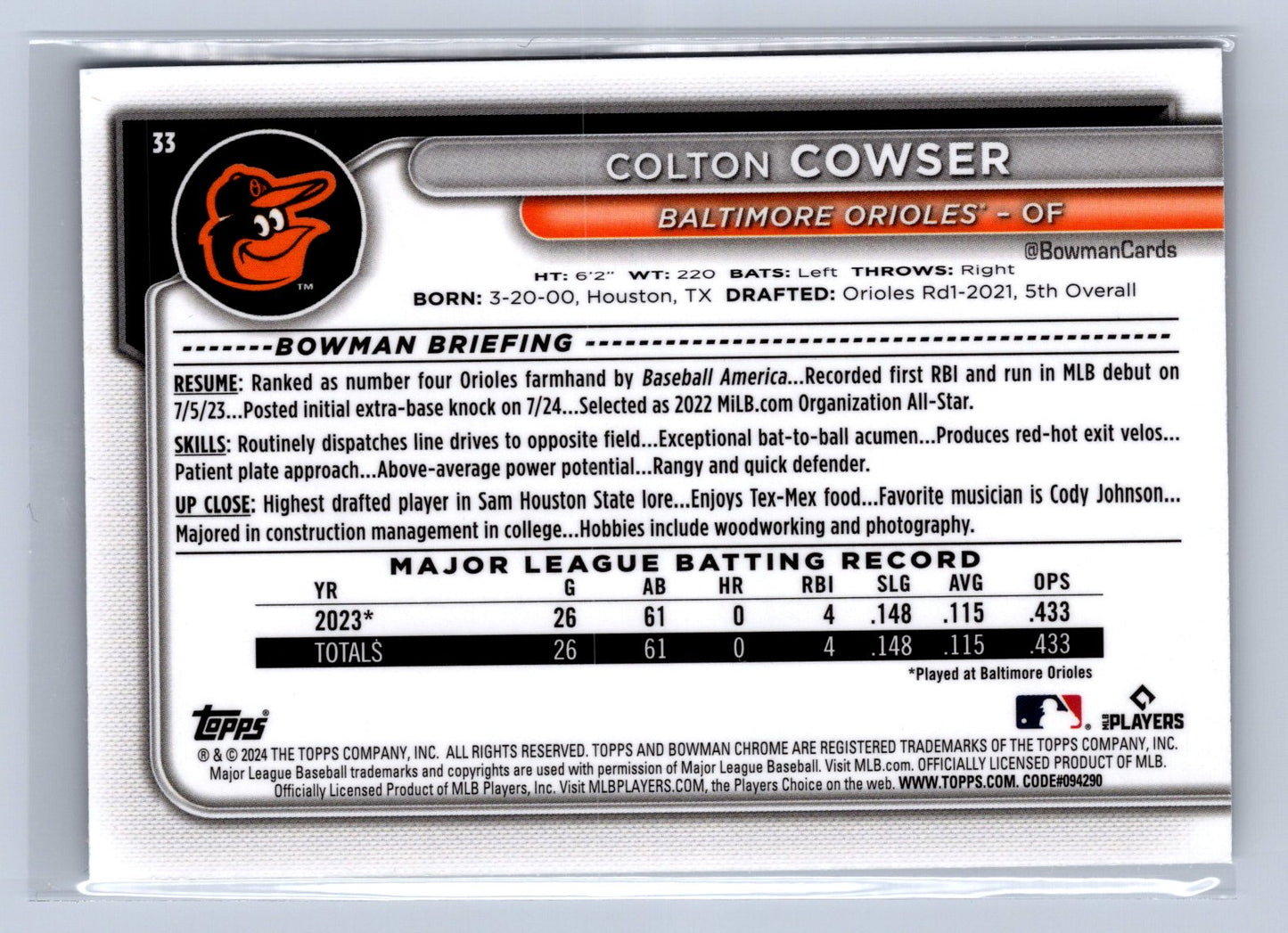 2024 Bowman Chrome Colton Cowser Mega Box Mojo Refractor #33