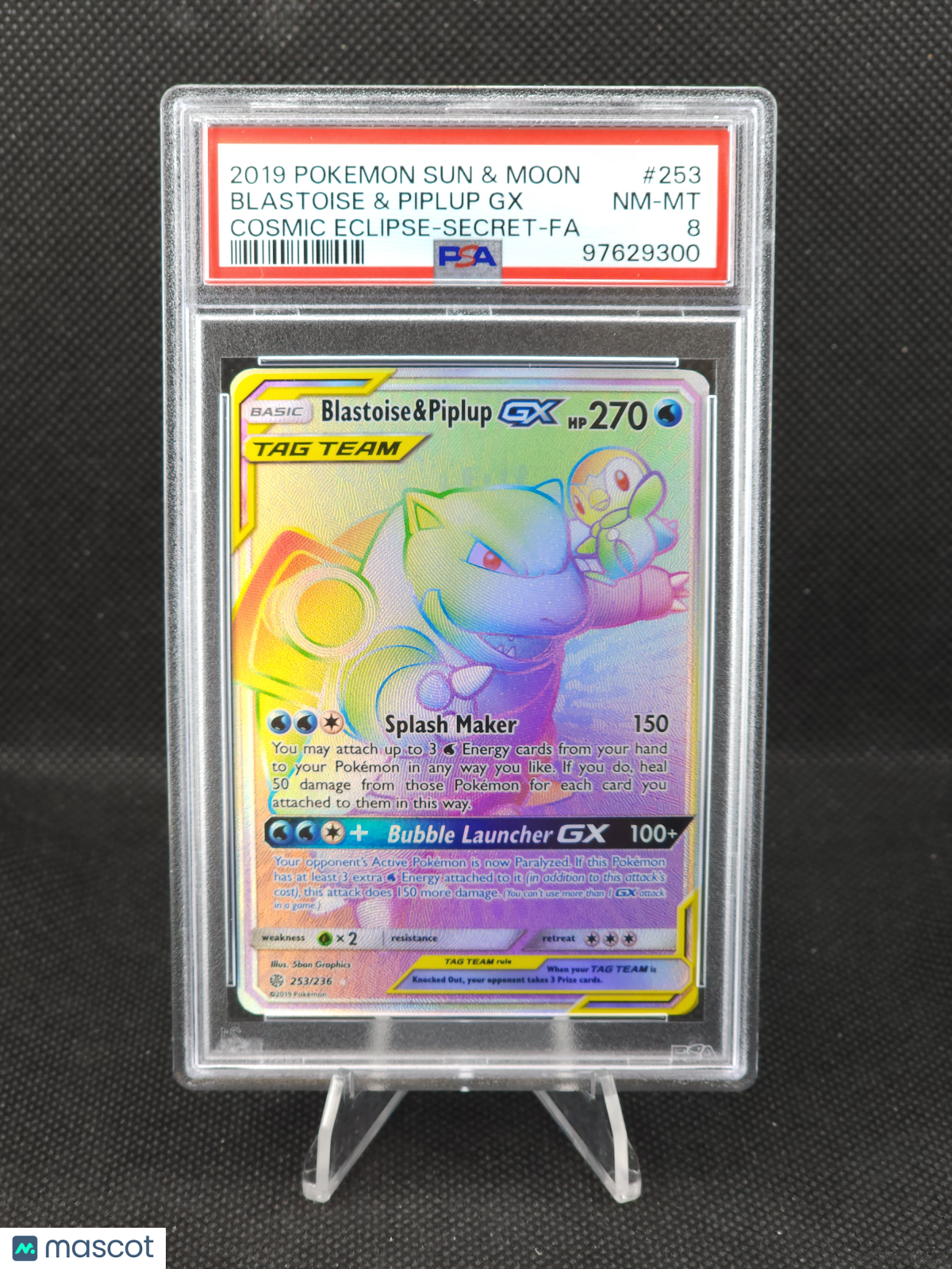 2019 Pokemon Cosmic Eclipse Blastoise & Piplup GX Secret Rare Full Art 253 PSA 8