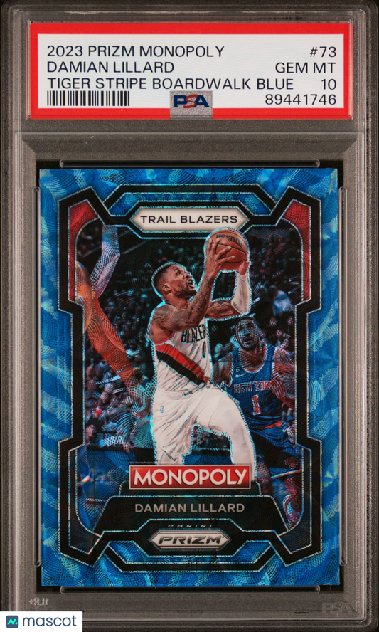 2023 Panini Prizm Monopoly Damian Lillard Tiger Stripe Boardwalk Blue #73 PSA 10