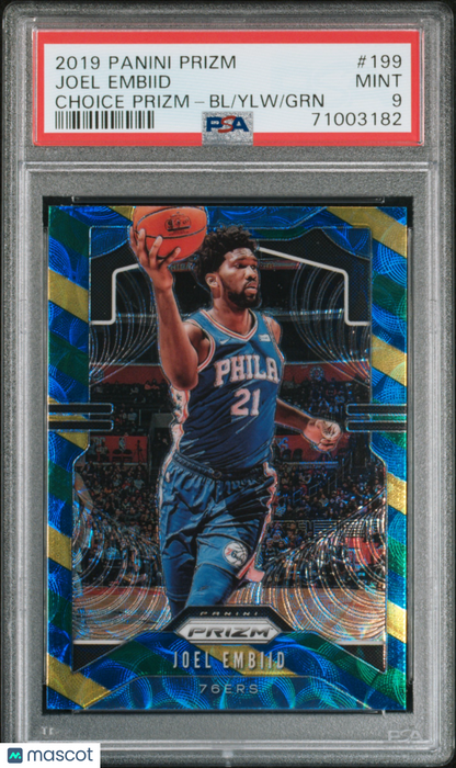 2019 Panini Prizm Joel Embiid Choice Prizm Blue Yellow Green #199 PSA 9