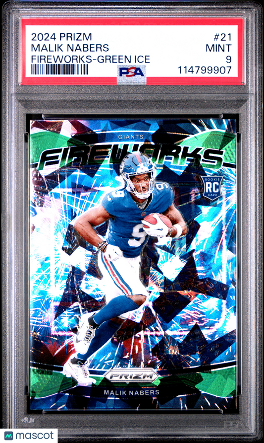 2024 Panini Prizm Fireworks Malik Nabers Green Ice #21 PSA 9