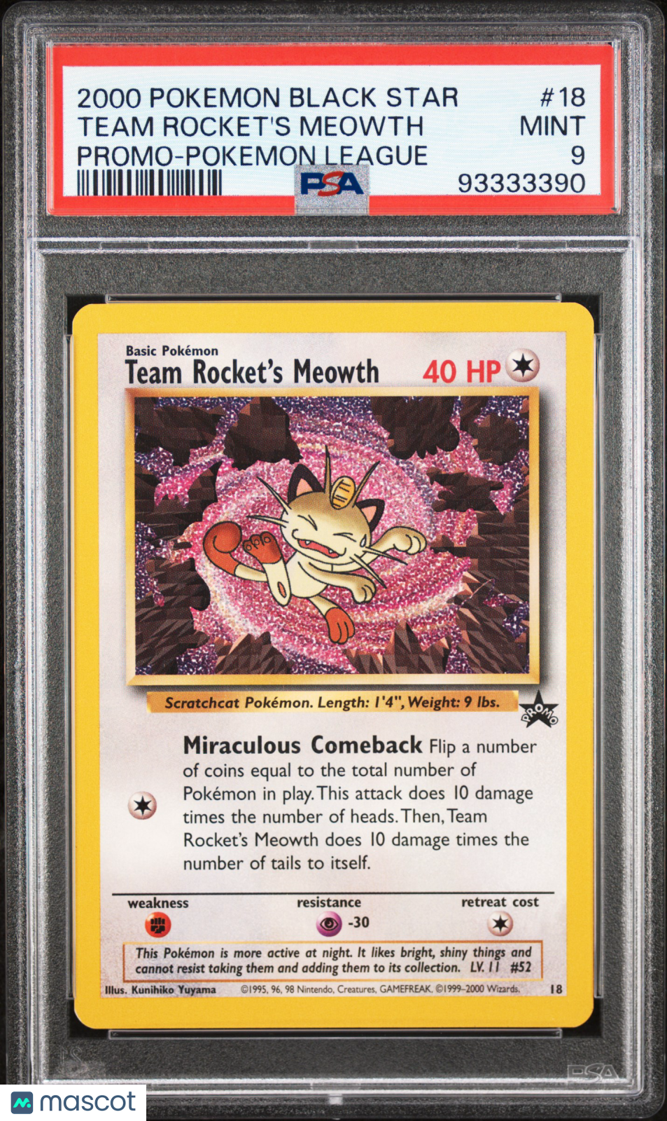 2000 Pokemon Promo Black Star Team Rocket's Meowth Pokemon League #18 PSA 9