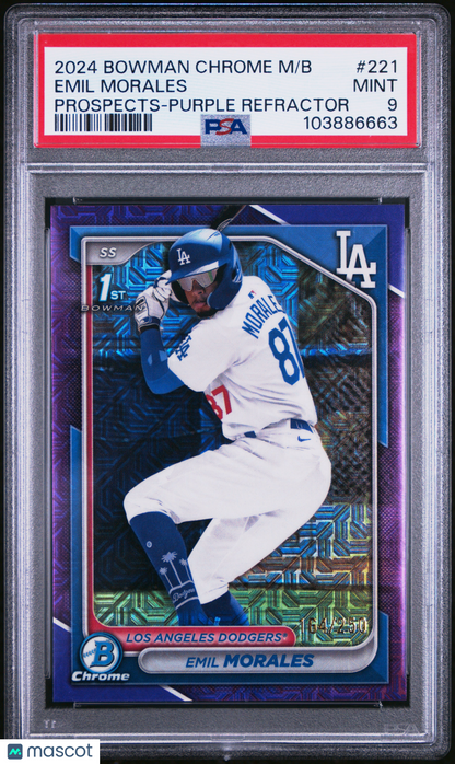 2024 Bowman Mega Chrome Prospects Emil Morales Purple Refractor /250 #221 PSA 9