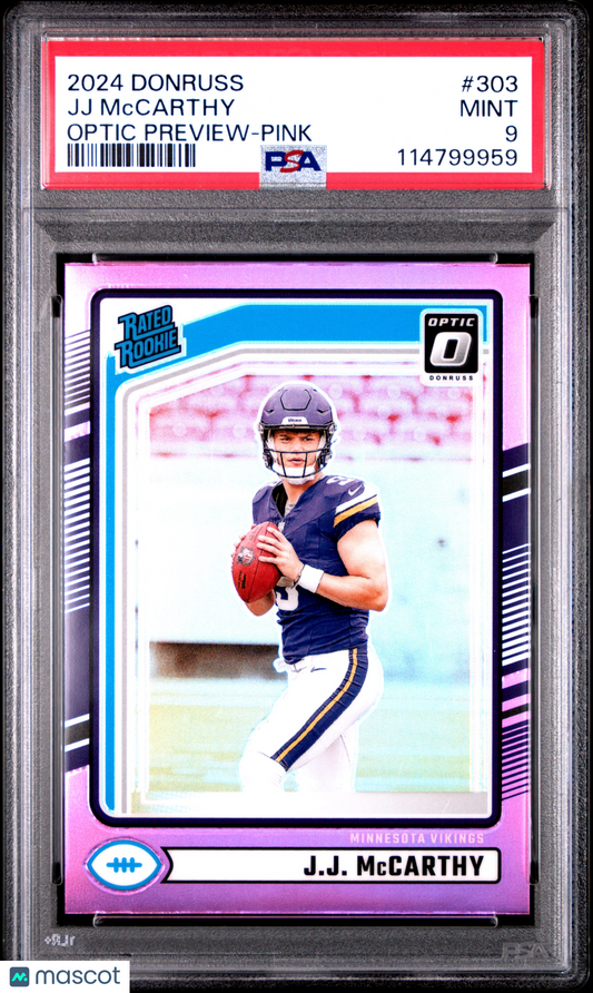 2024 Panini Donruss JJ Mccarthy Optic Preview Pink #303 PSA 9
