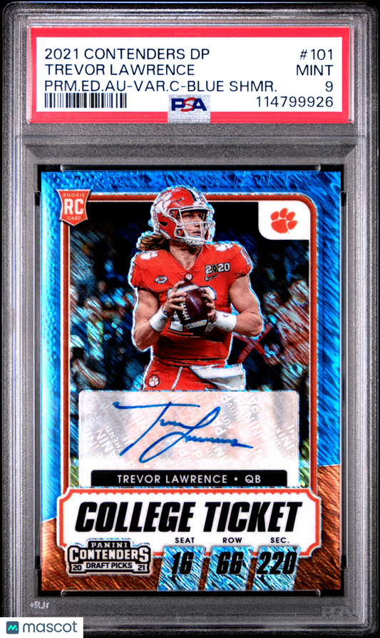 2021 Contenders Draft Picks Trevor Lawrence Blue Shimmer Auto /27 #101 PSA 9