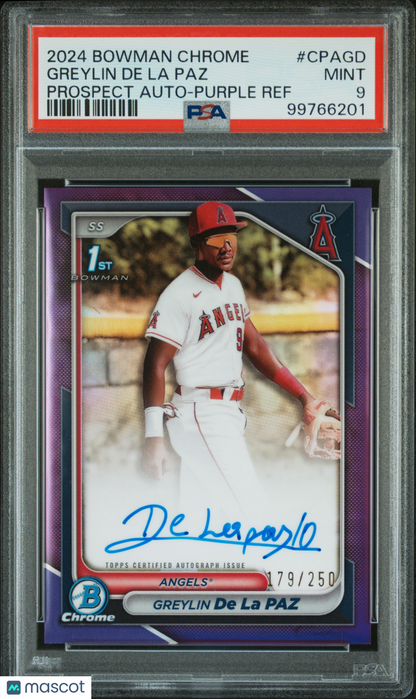 2024 Bowman Chrome Greylin De La Paz Auto Purple Refractor /250 #CPAGD PSA 9