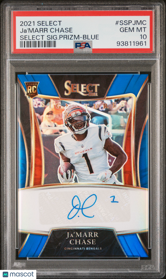 2021 Panini Select Signatures Ja'marr Chase Blue Prizm /50 Auto #SSPJMC PSA 10