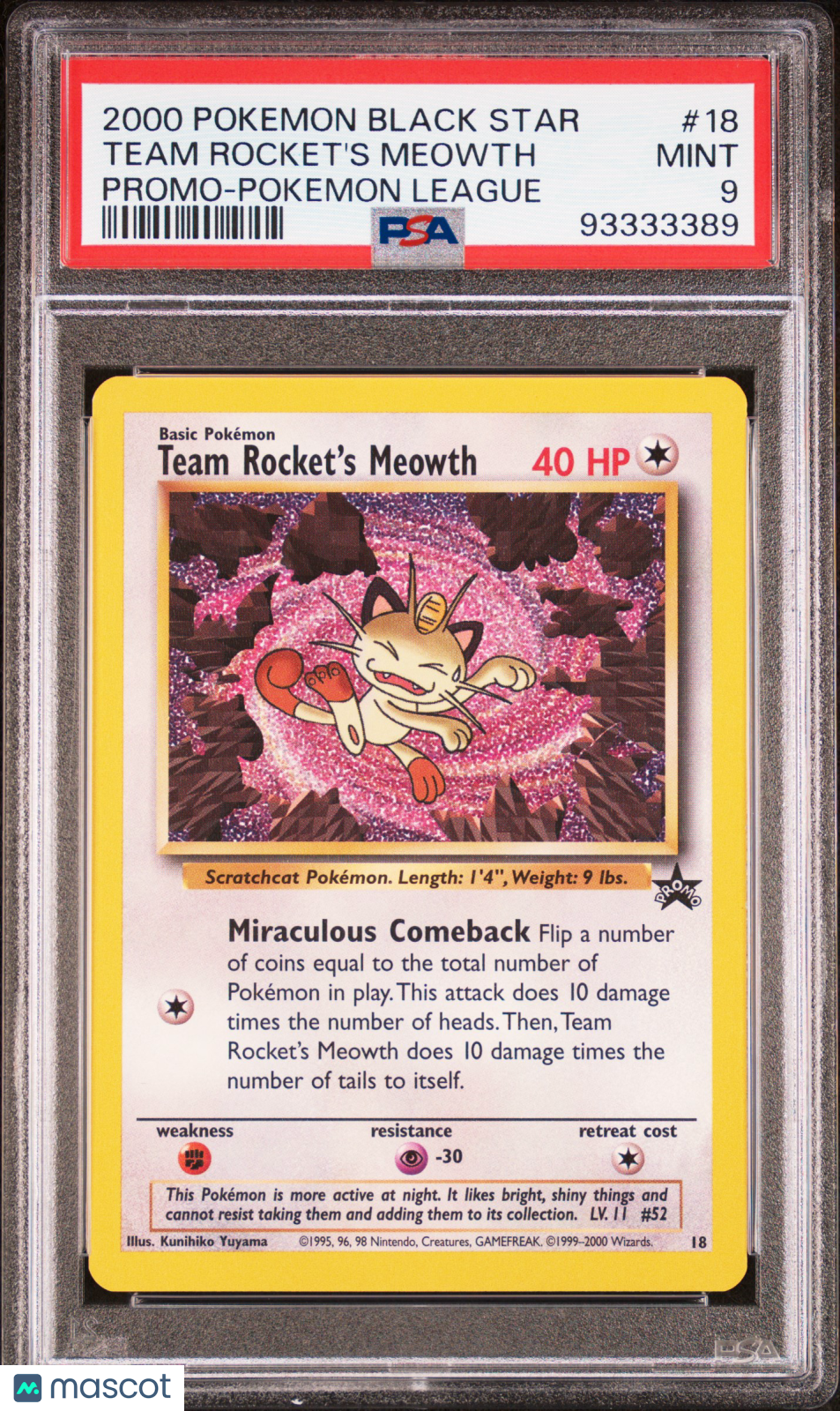 2000 Pokemon Promo Black Star Team Rocket's Meowth Pokemon League #18 PSA 9