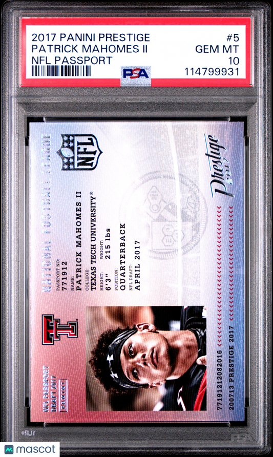 2017 Panini Prestige NFL Passport Patrick Mahomes II #5 PSA 10